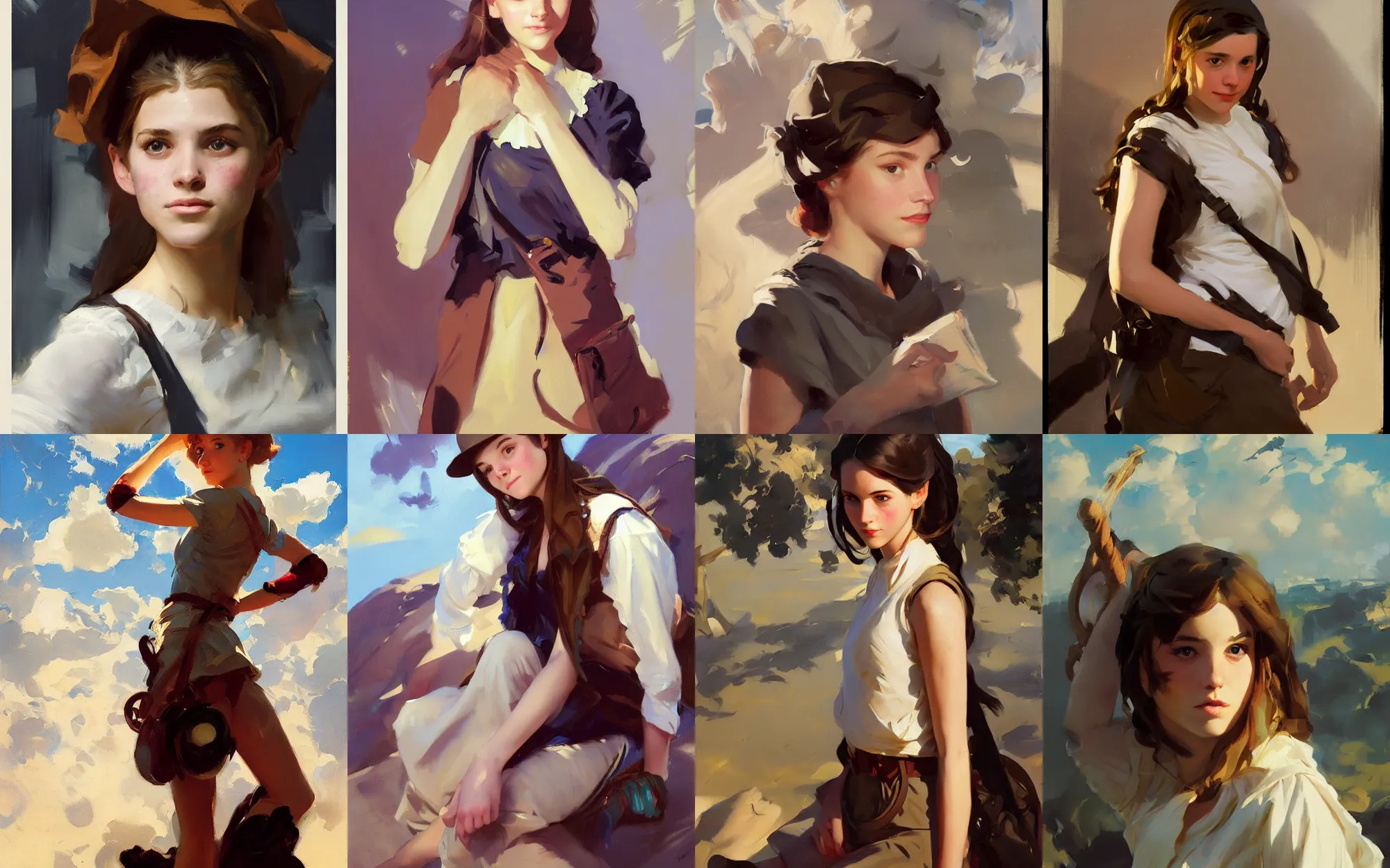 Prompt: portrait of teenage girl traveler greg manchess painting by by sargent and leyendecker, d & d, fantasy, medium shot, asymmetrical, intricate, elegant, matte painting, illustration, hearthstone, by greg rutkowski, by greg tocchini, by james gilleard, by joe fenton