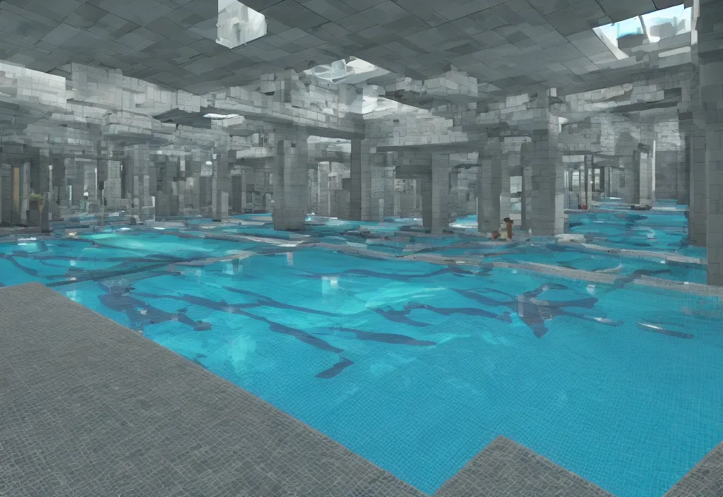 Prompt: an indoor pool area with no people and blocky architecture, tiles on floor, walls, and ceiling, water slides twist round, photo realistic