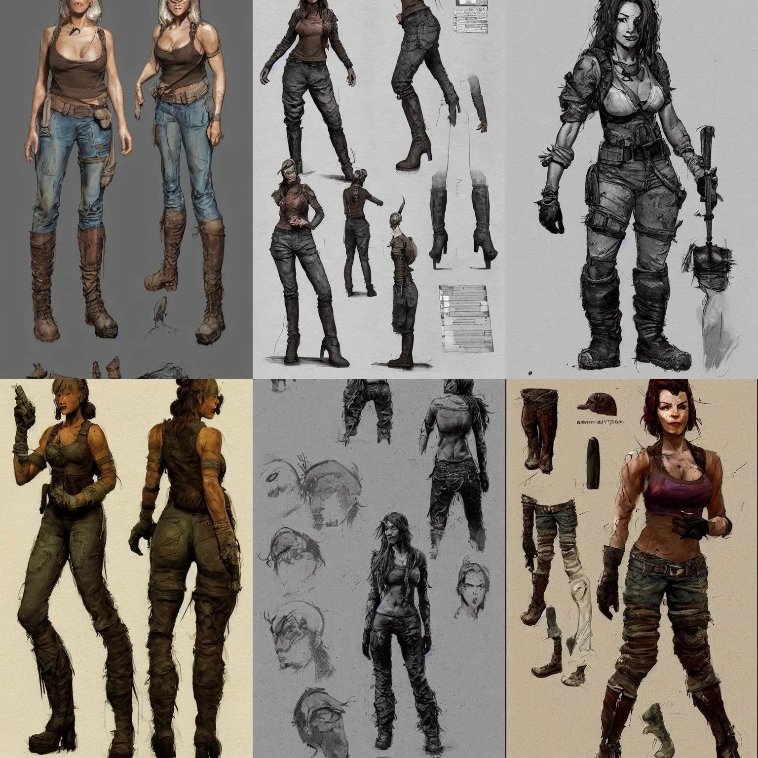 Prompt: character design, reference sheet, 50's adventurer, female, optimistic, stained dirty clothing, heavy boots, tank top, detailed, concept art, photorealistic, hyperdetailed, art by Frank Frazetta