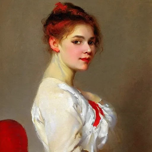 Prompt: portrait of a woman dressed in white and red, by nikolay makovsky.