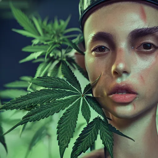 Image similar to cannabis plant as a humanoid, realistic artstyle, wide shot, dramatic lighting, octane render, hyperrealistic, high quality, highly detailed, HD, beautiful, cinematic, 8k, unreal engine, facial accuracy, symmetrical