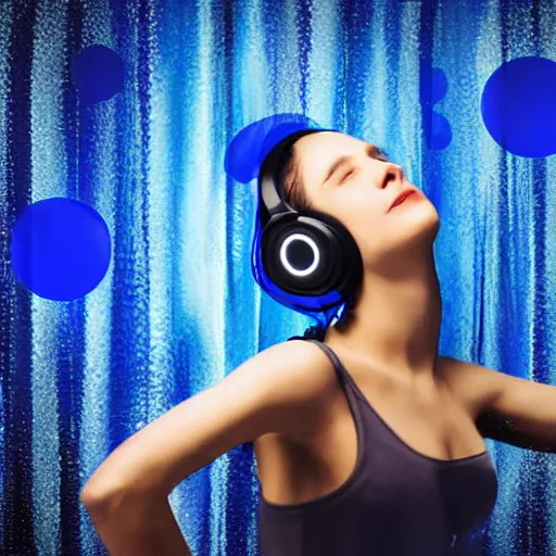 Image similar to dripping electrical blue paint across the shape of a female human body dancing and listening to music with headphones, realistic , high detail, on a clear white background