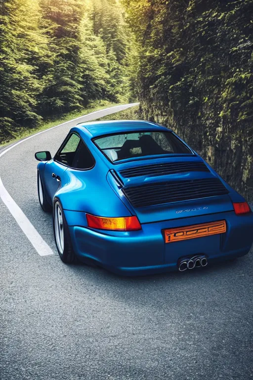 Image similar to Photo of a Porsche 911 Carrera 3.2 on a winding road through mountains and forests, volumetric lighting, highly detailed, technicolor.