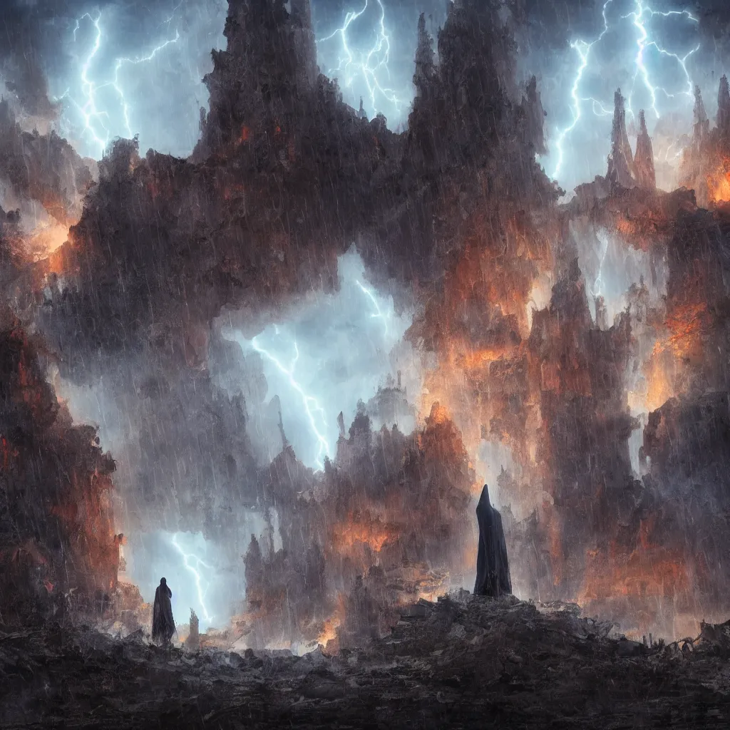 Image similar to a still of a cloaked figure standing in the ruins of crux prime, monastery, there is lightning, blue fiery maelstrom in the distance, it is raining, digital art, artstationhq