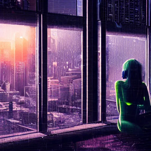 Prompt: sad girl sitting by the window looking towards a cyberpunk city, accurate features, focus, very intricate ultrafine details, masterpiece, 8 k hd, realistic shaded lighting, detailed render, detailed backgrounds, epic composition, soft neon lights, rain