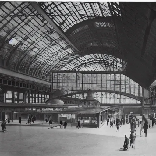 Image similar to a black and white photo of people in a train station, photograph by hal morey, a matte painting by hugh ferriss, featured on cg society, light and space, volumetric lighting, matte drawing, global illumination