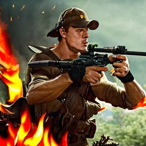 Image similar to Rambo shooting flames out of a flamethrower, moonlight, burning trees, burning computers on the floor, very vey very detailed face, very very very realistic face, real picture, 8K, action movie scene