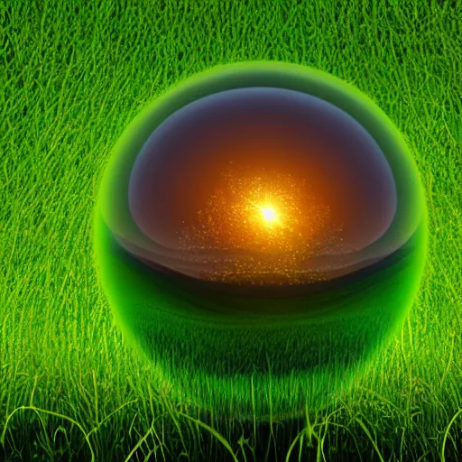 Prompt: serpentine curve!!!, dissipate!!, unwind!, a 8k concept illustration of a large glowing ball, superimposed over an 8k field of grass. The surface of the sphere glows softly in the shape of an hourglass, and has a filigree texture that gives the impression of swirling leaves or butterflies.