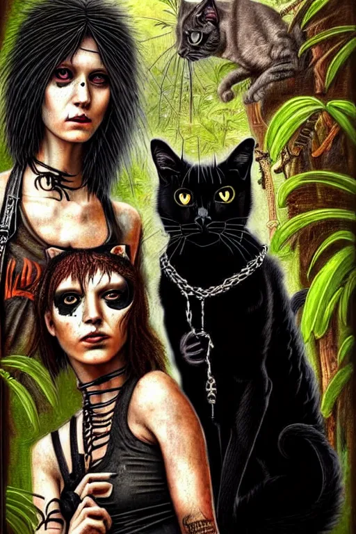 Image similar to punk rock girls making selfie with black cats in jungle , 1980 style, mad max jacket, post apocalyptic, renaissance, Gothic, highly detailed, digital painting, 4k, oil painting by Leonardo Da Vinci, hyper realistic style, fantasy by Olga Fedorova