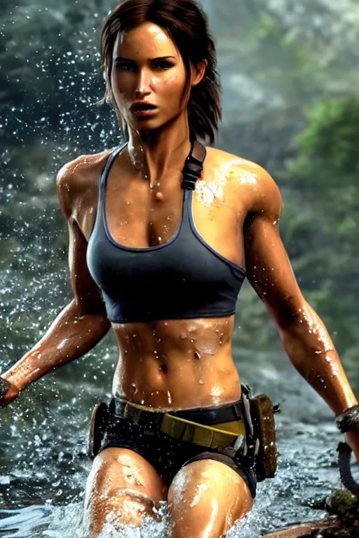 Prompt: a film still of lara croft, close up, muscular, drenched body, wet dripping hair, emerging from the water,