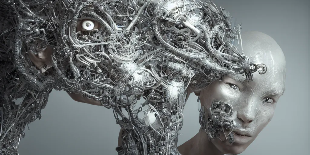Image similar to hyperrealistic photography of a stunningly beautiful cyborg male, consciences being installed sci - fi, intimate, intricate filigree, fibonacci, in the style of beth cavener, jin kagetsu, and wlop, highly detailed, chrome face symmetry, masterpiece, award winning, sharp focus, concept art, high key, ambient lighting, 8 k, octane render,