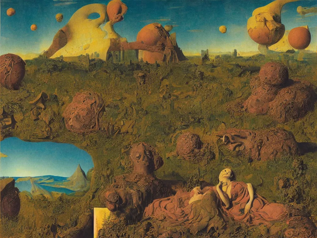 Image similar to Portrait of a sleeping pregnant woman thistles in the ruined acid eaten city. Aurora night, sweaty mountain, African mask. Constellations, meteor crater. Painting by Jan van Eyck, Agnes Pelton, Rene Magritte, Jean Delville, Max Ernst, Maria Sybilla Merian