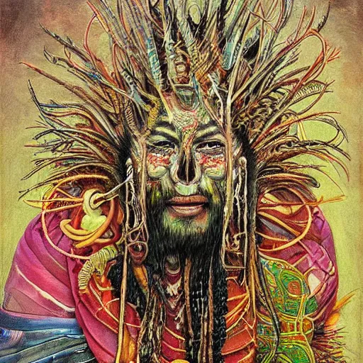 Image similar to a high hyper - detailed painting with complex textures, of an oriental shaman with tangled hair and a terrifying mask, wears a tunic vs. barefoot and has a cane, he is performing a ritual to access the world of imagination and dreams, cosmic horror spiritual visionsrio psychedelic weird bizarre art