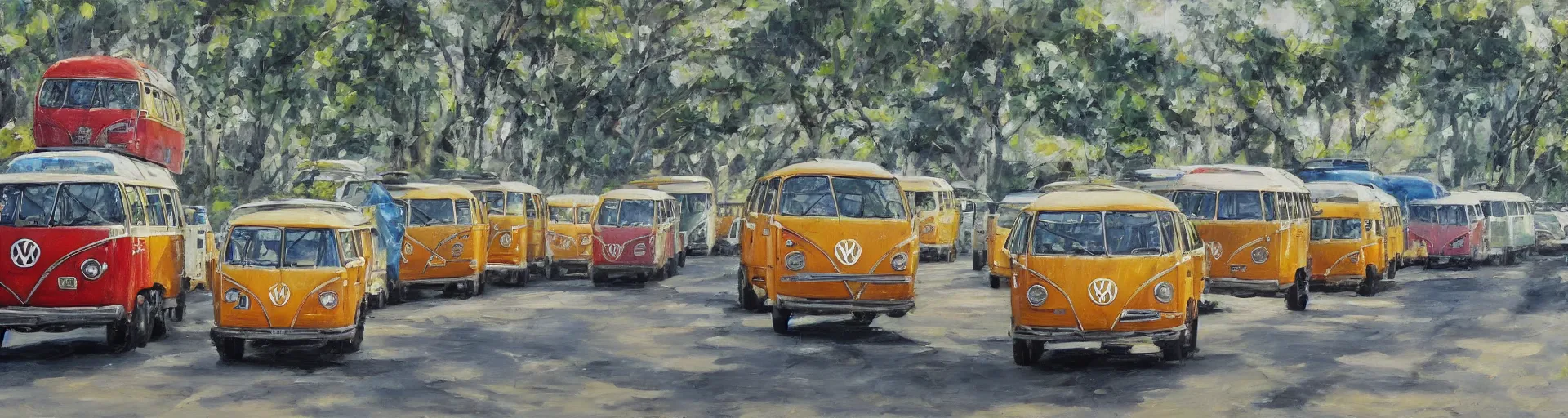 Prompt: a detailed oil painting of vw buses racing in brazil