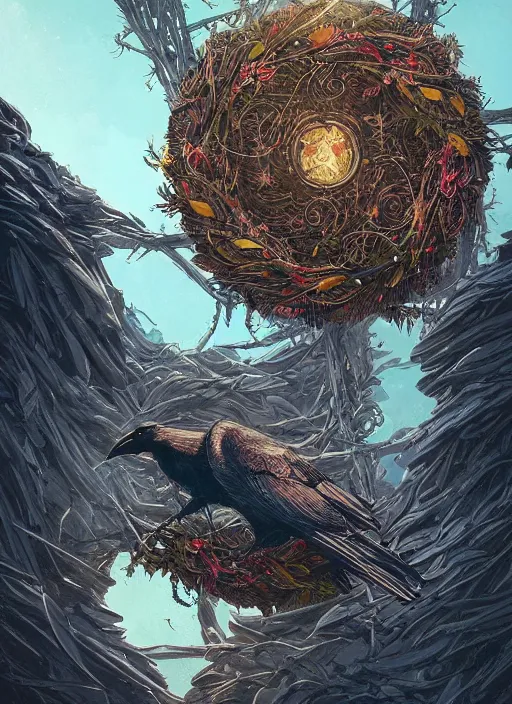 Prompt: crows nest like a wreath, cruelty, black crows, light effect, hyper detailed, intricate, elegant, highly detailed, digital painting, artstation, concept art, matte, sharp focus, illustration, by dan mumford, yusuke murata, makoto shinkai, ross tran