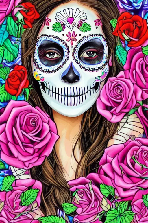 Image similar to Illustration of a sugar skull day of the dead girl with roses art by Sandra Chevrier, Lisa Frank