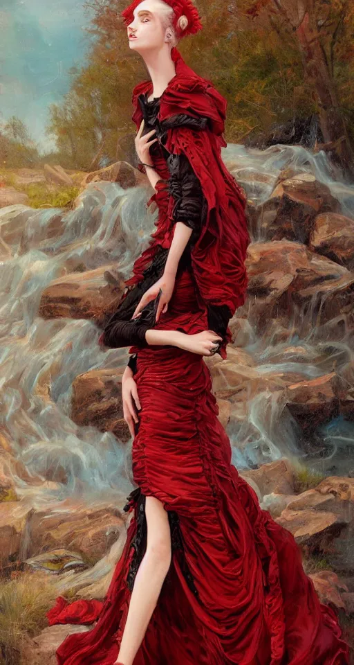 Image similar to one person only. One head only. Long flowing dress. Oversized flowing swirling dress floating very ornate dress . Solomon Joseph Solomon and Richard Schmid and Jeremy Lipking victorian genre painting portrait painting of a young beautiful woman punk rock goth with punk rock haircut in fantasy costume, red background