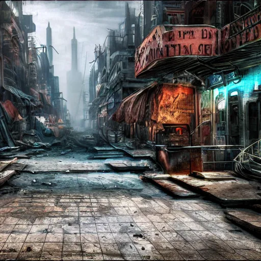 Image similar to post apocalyptic dieselpunk city , highly detailed, 4k, HDR, award-winning photo, glowave neon