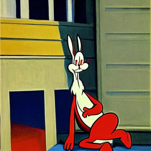 Prompt: bugs bunny drunk in an alley by Edward hopper