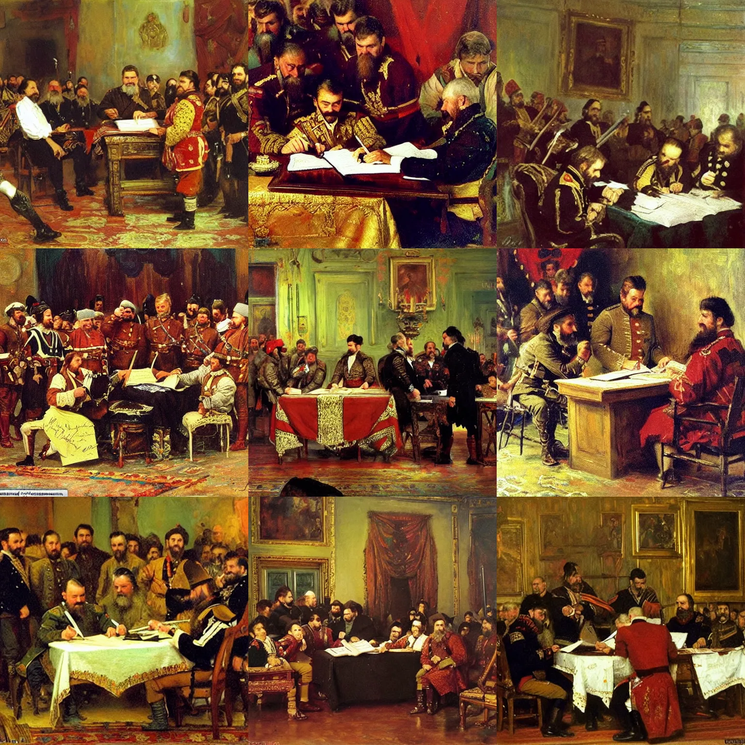 Prompt: Zaporozhian Cossacks signing the Constitution of the United States, painting by Ilya Repin