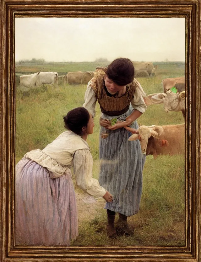 Prompt: portrait of peasant girl petting a cow on a farm, cottage core, polaroid photo bleached vintage pastel colors high - key lighting, soft lights, foggy, by steve hanks, by lisa yuskavage, by serov valentin, by tarkovsky, 8 k render, detailed, oil on canvas