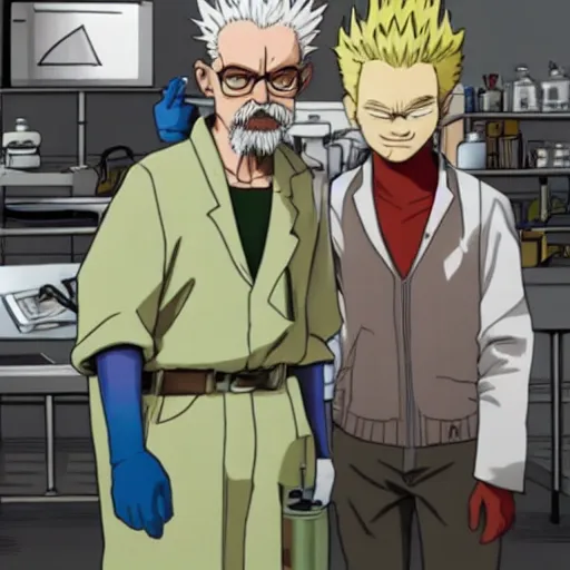 Image similar to senku from dr stone and walter white from breaking bad in a lab together