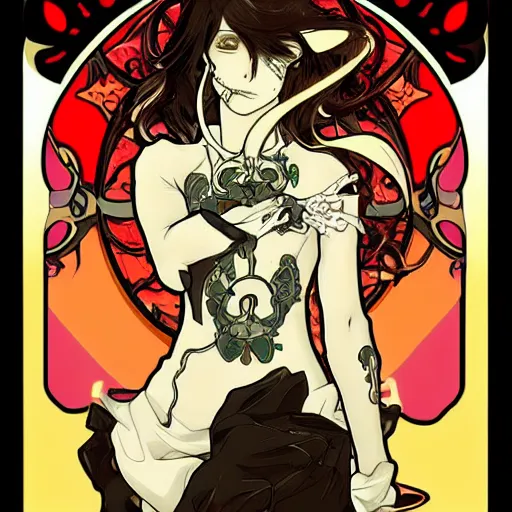 Image similar to anime manga skull portrait woman comic skeleton illustration style by alphonse mucha and artgerm, dramatic lighting, pop art nouveau