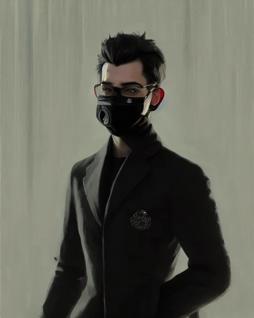 Image similar to a ultradetailed beautiful panting of a european young man wearing black medical mask and black long coat, by ilya kuvshinov, greg rutkowski and makoto shinkai, trending on artstation