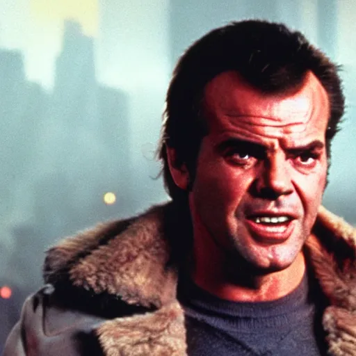 Prompt: 30 year old Jack Nicholson as Rick Deckard on blade runner 1982, movie still, in color, movie frame, light smile, detailed face, symmetrical face, 4k