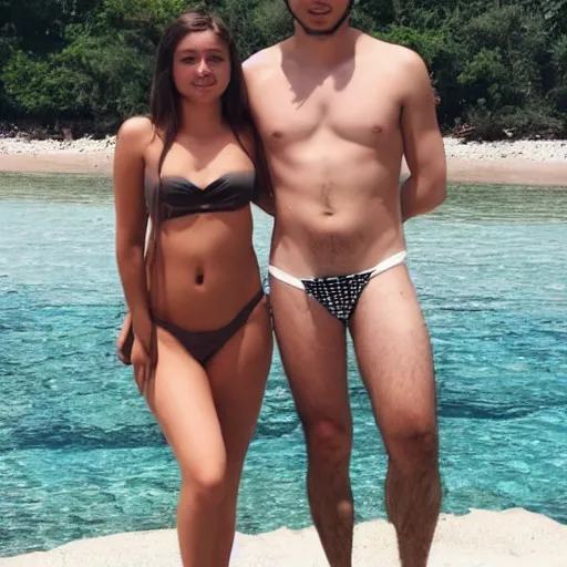 Image similar to photo of a 2 2 year old man that looks young for his age dating a very attractive and completely legal 1 8 year old woman wearing a bikini.