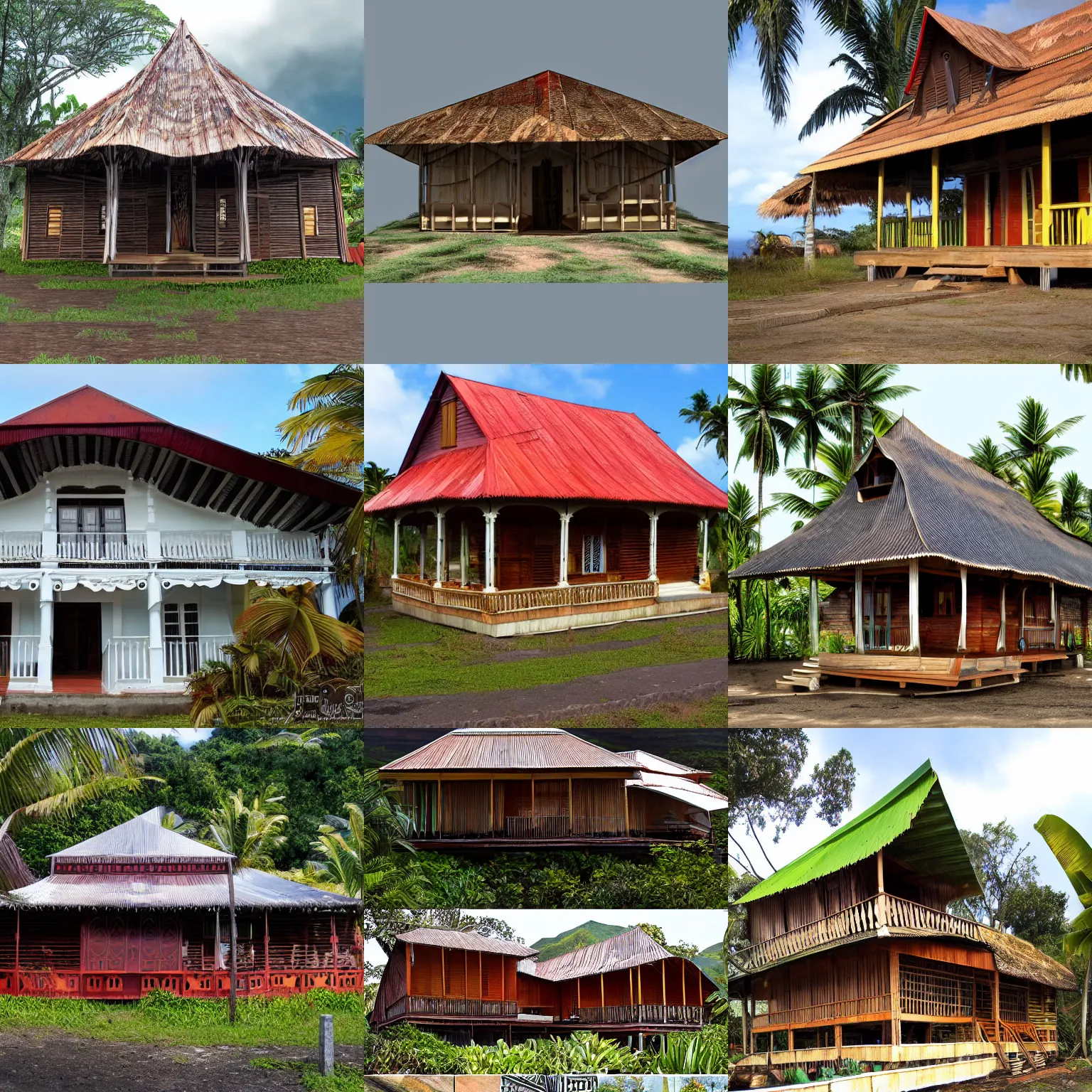 Prompt: traditional wooden creole house from Reunion Island with sheet metal roof hyperdetailed award winning masterpiece,trending on artstation