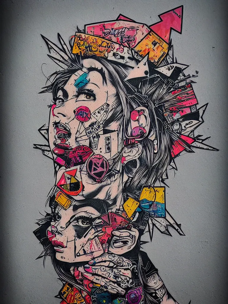 Image similar to a multilayered mixed media street art bursting with nostalgic pop culture references, punk symbols and tattoo designs, sharp details, art by stikki peaches