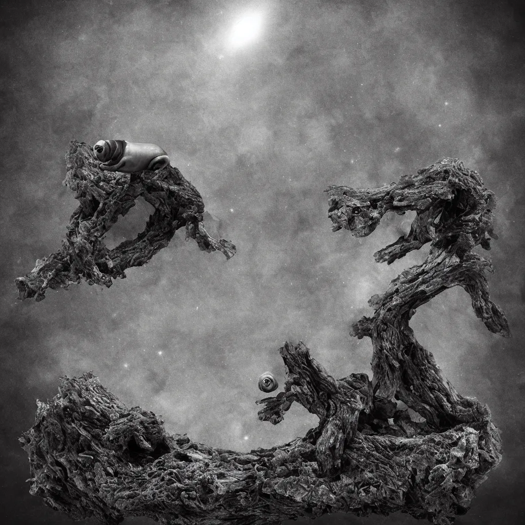 Prompt: a tardigrade in front of a dead tree placed upon a cliff, behind a fence, hazy memory, volumetric, dark black and white in the style of alvin schwartz, epic angles