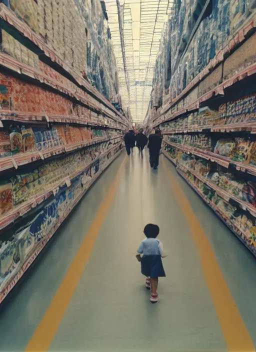 Image similar to first person view. walking through a costco in 1 9 9 7. blurry polaroid. simple composition. wes anderson