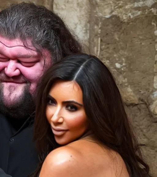 Image similar to hagrid hugging kim kardashian as he holds her waist, in a derelict grotto