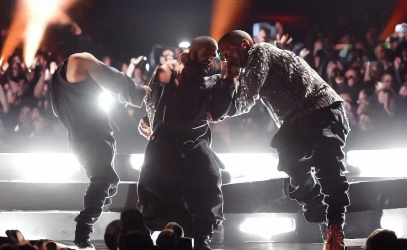 Prompt: drake carring kanye west up stairs