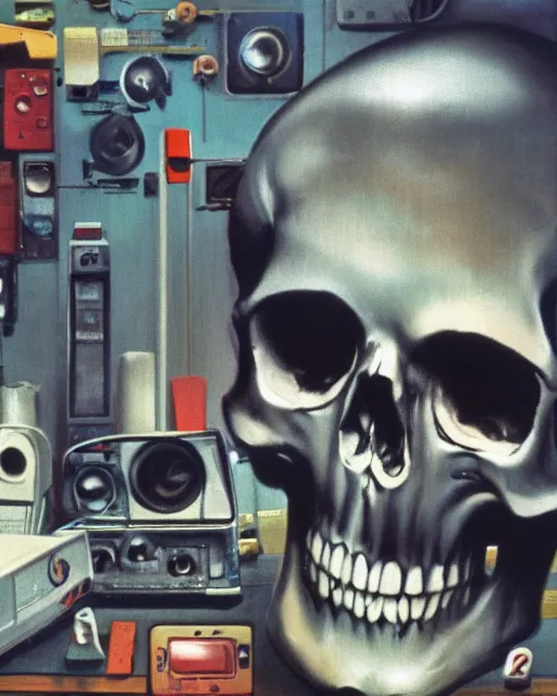 Image similar to a skull observing 8 0 s era technology, vintage shapes, retro technology, vintage color, wayne barlow, oil on canvas, deep depth of field, masterpiece, cinematic composition, hyperdetailed