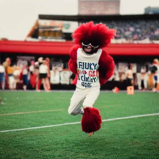 Prompt: the famous funky chicken wearing oversized sunglasses and a smile runs across a football field, interrupting the big game, 3 5 mm