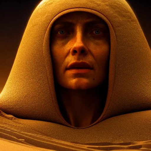 Prompt: colour aesthetic highly detailed photography scene from dune ( 2 0 2 1 ) by alejandro hodorovski and denis villeneuve and gregory crewdson style with ultra hyperrealistic very highly detailed faces. with many details by andrei tarkovsky and caravaggio in sci - fi style. volumetric natural light hyperrealism