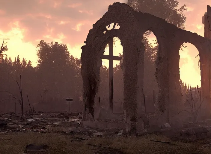 Image similar to a church is violently burning in the ruins of a native american village, burnt huts, bodies on the ground, jesus cross, horror, dramatic lighting, dawn, by caspar david friedrich, unreal engine 5