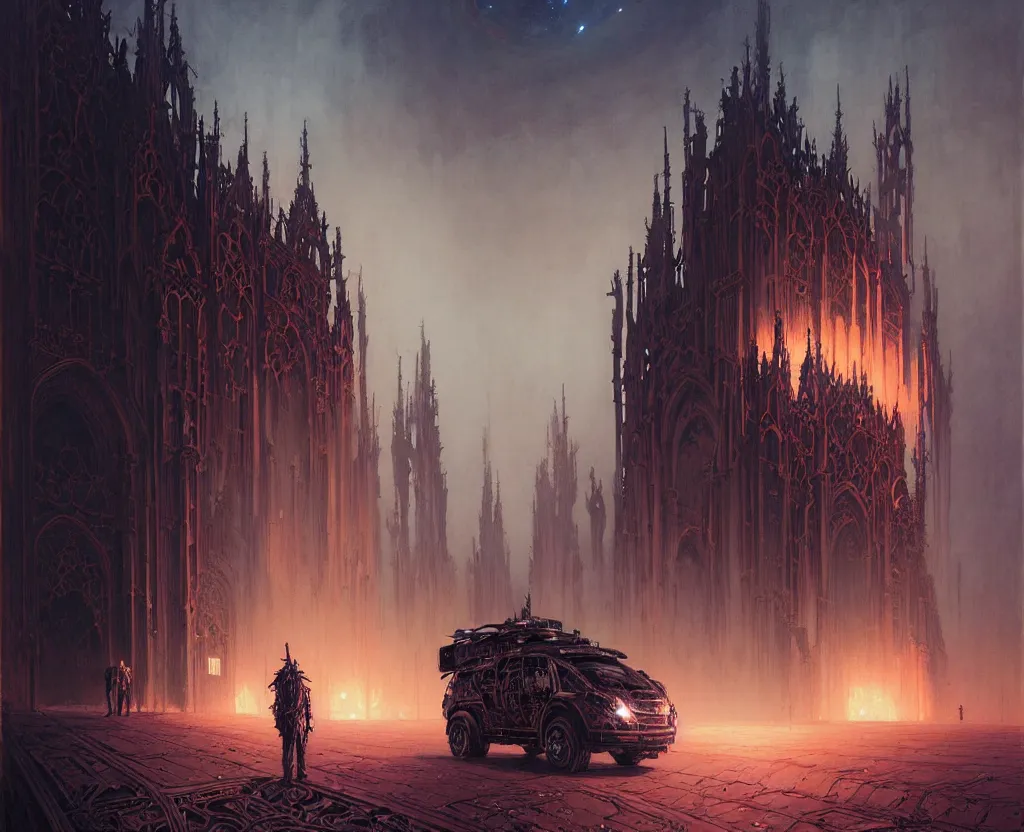 Image similar to detailed portrait, intricate complexity, by greg rutkowski, ross tran, conrad roset, takato yomamoto, ilya kuvshinov huge gothic crematorium on desert planet, elevator, side ramp entrance ambulance dead bodies, guards intricate, painting by lucian freud and mark brooks, bruce pennington, dark colors, neon, death, guards, nice style smoke