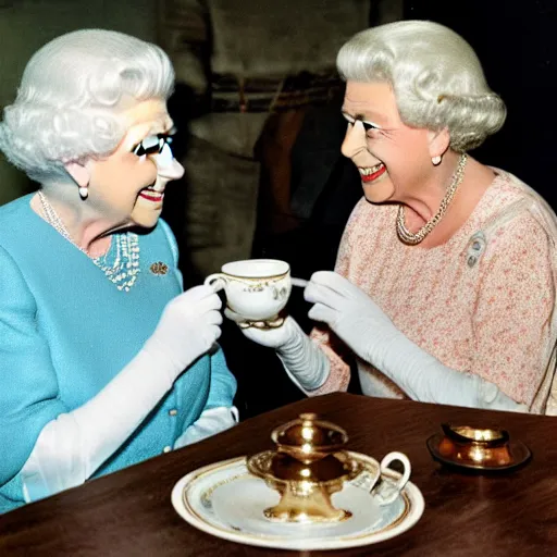 Image similar to photo of queen elizabeth having tea with a neanderthal caveman