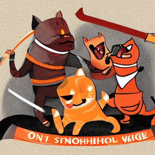 Prompt: anthropomorphic bacon, sword fighting an orange tabby cat, orange tabby sword fighting anthropomorphic bacon, award - winning photograph