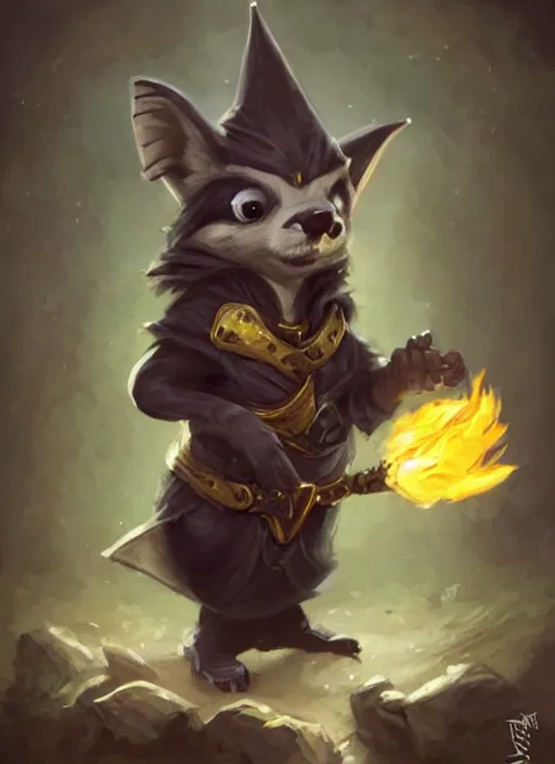 Image similar to cute little anthropomorphic skunk wizard wearing firequartz (cloak), tiny, small, miniature animal, baby animal, short, pale black armor, cute and adorable, pretty, beautiful, DnD character art portrait, matte fantasy painting, DeviantArt Artstation, by Jason Felix by Steve Argyle by Tyler Jacobson by Peter Mohrbacher, cinematic lighting