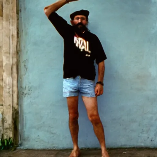 Image similar to fidel castro wearing denim shorts, full body portrait, 3 5 mm film, by nan goldin