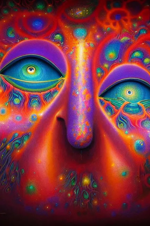 Image similar to hyperrealistic abstract close-up Renaissance psychedelic!! celestial happy! pure creature!! peaceful! kind spirit of nature! beautiful fractal!! eyes! highly detailed concept art eric zener elson peter cinematic hard rainbow lighting high angle hd 8k sharp shallow depth of field endless, inspired by Zdzisław Beksiński Salvador Dali