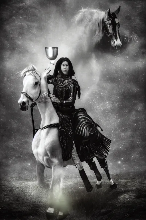 Image similar to self - transforming machine - elf riding horse and holding chalice in the style of nordic noir television, dmt fractal, moody photography, grayscale, double exposure, knight of cups, etteilla tarot