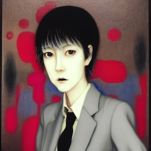 Image similar to yoshitaka amano blurred and dreamy realistic three quarter angle portrait of a young woman with short hair and black eyes wearing office suit with tie, junji ito abstract patterns in the background, satoshi kon anime, noisy film grain effect, highly detailed, renaissance oil painting, weird portrait angle, blurred lost edges