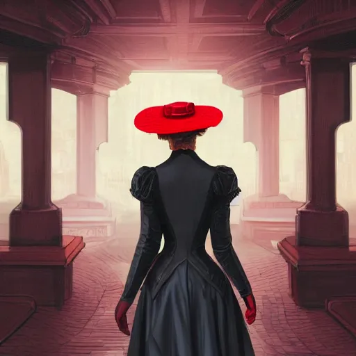 Prompt: portrait of a victorian lady in a futuristic city, from behind, streets, beautiful, red hat, highly detailed, digital painting