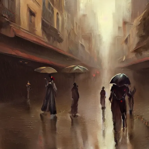 Image similar to a beautiful picture of a space opera street under rain by william - adolphe bouguereau and greg rutkowski, low angle shot, trending on artstation